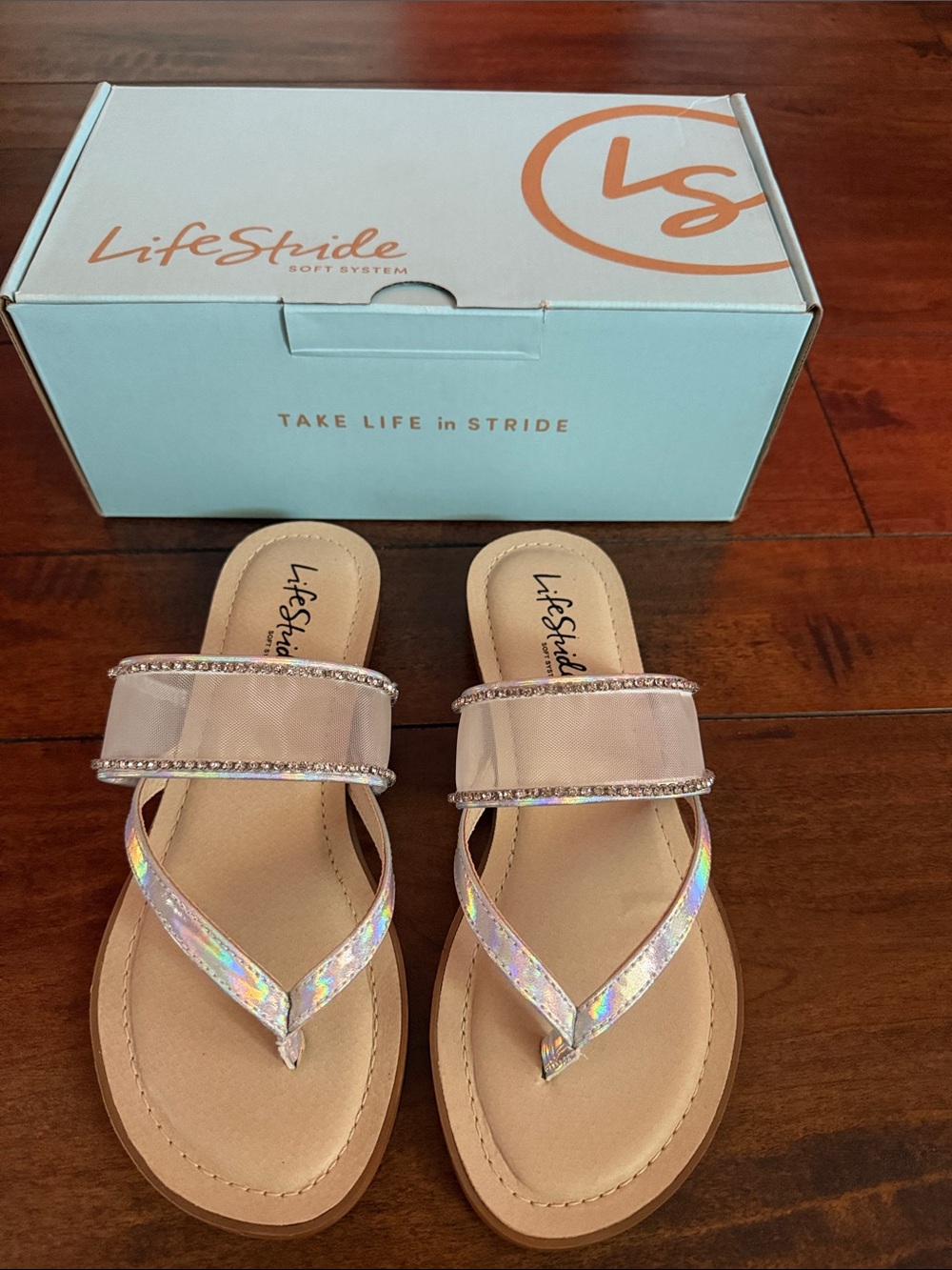 Life Stride Iridescent Slide Sandals with Crystal Strap